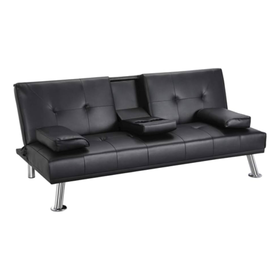 H2306 Faux Leather Futon with Cupholders and Pillows