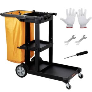 Janitorial Cleaning Cart, 3-ShelJanitorial Cart, 200 lbs Capacity Plastic Housekeeping Cart, with 25 Gallon yellow Bag, 47" x 20" x 38.6", Yellow+Black